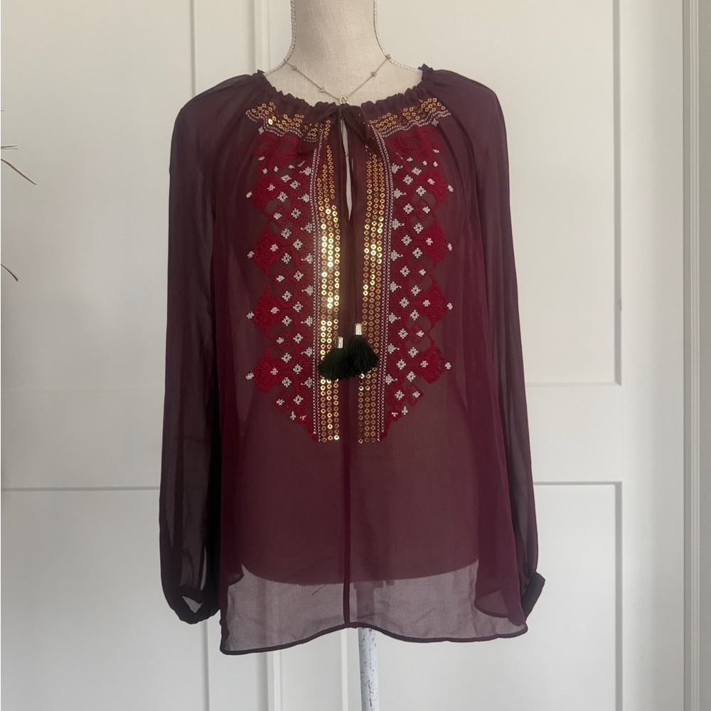 Elegant Burgundy Sheer Women's Top